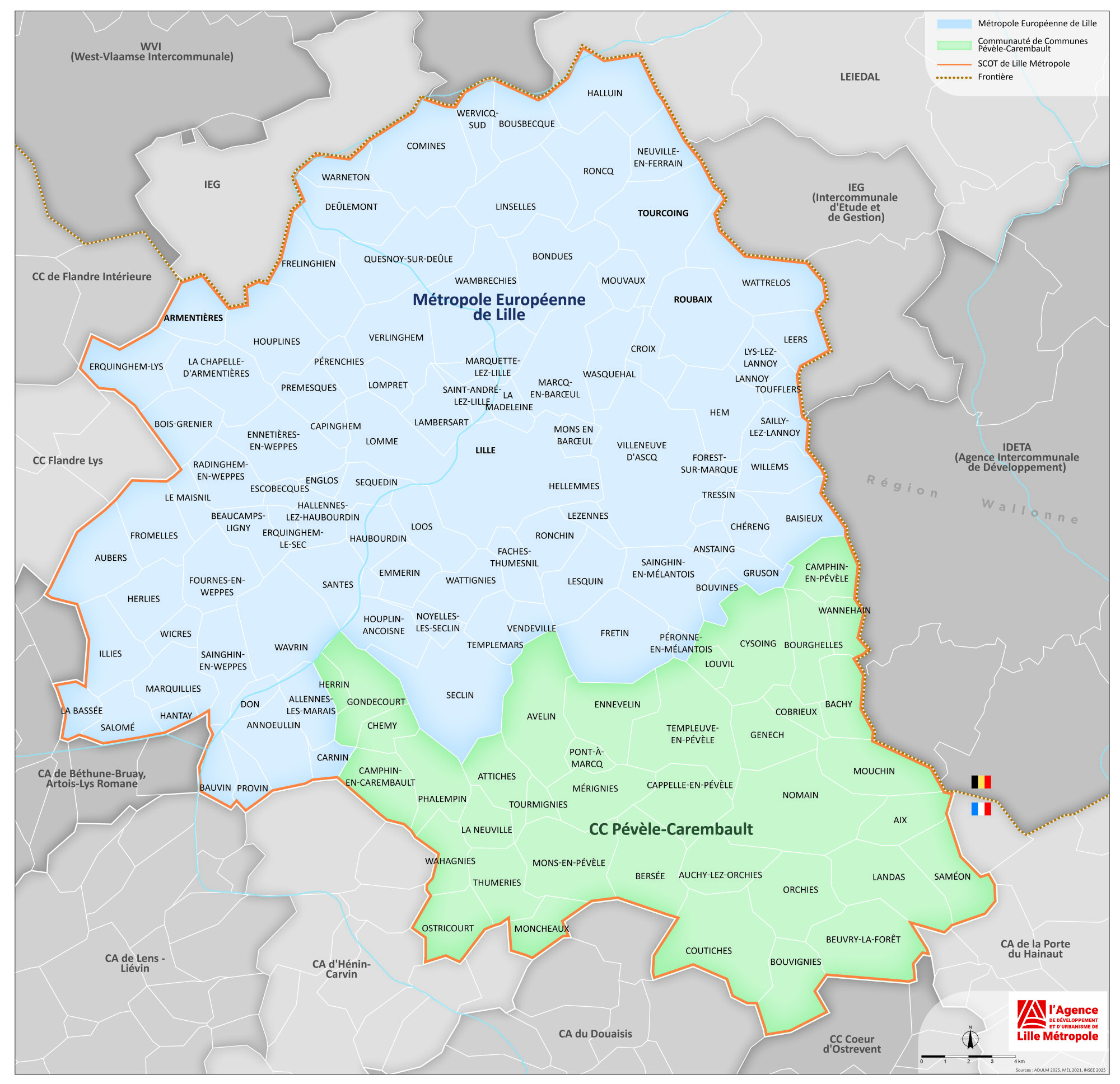 Carte des 133 communes concernées par le SCOT Lille Métropole